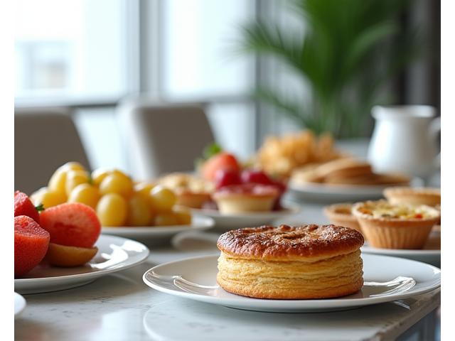 Table de brunch d'entreprise avec viennoiseries et fruits