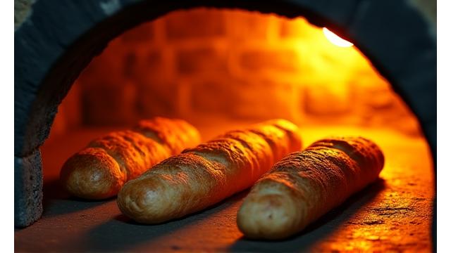 Baguettes en cours de cuisson dans un four de boulangerie