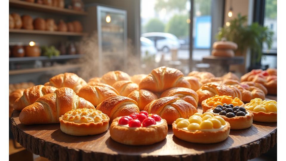 Pains et pâtisseries frais du jour sur un étal de boulangerie