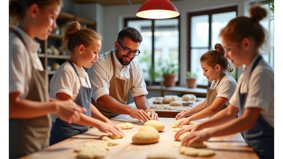 Participants à un atelier de pâtisserie façonnant du pain